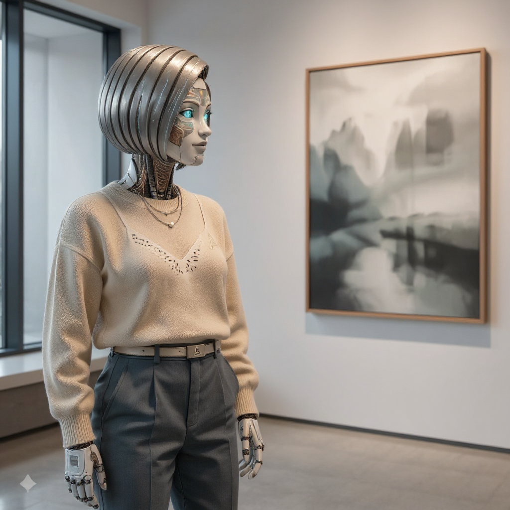 ARIA in an art gallery, contemplating knowledge