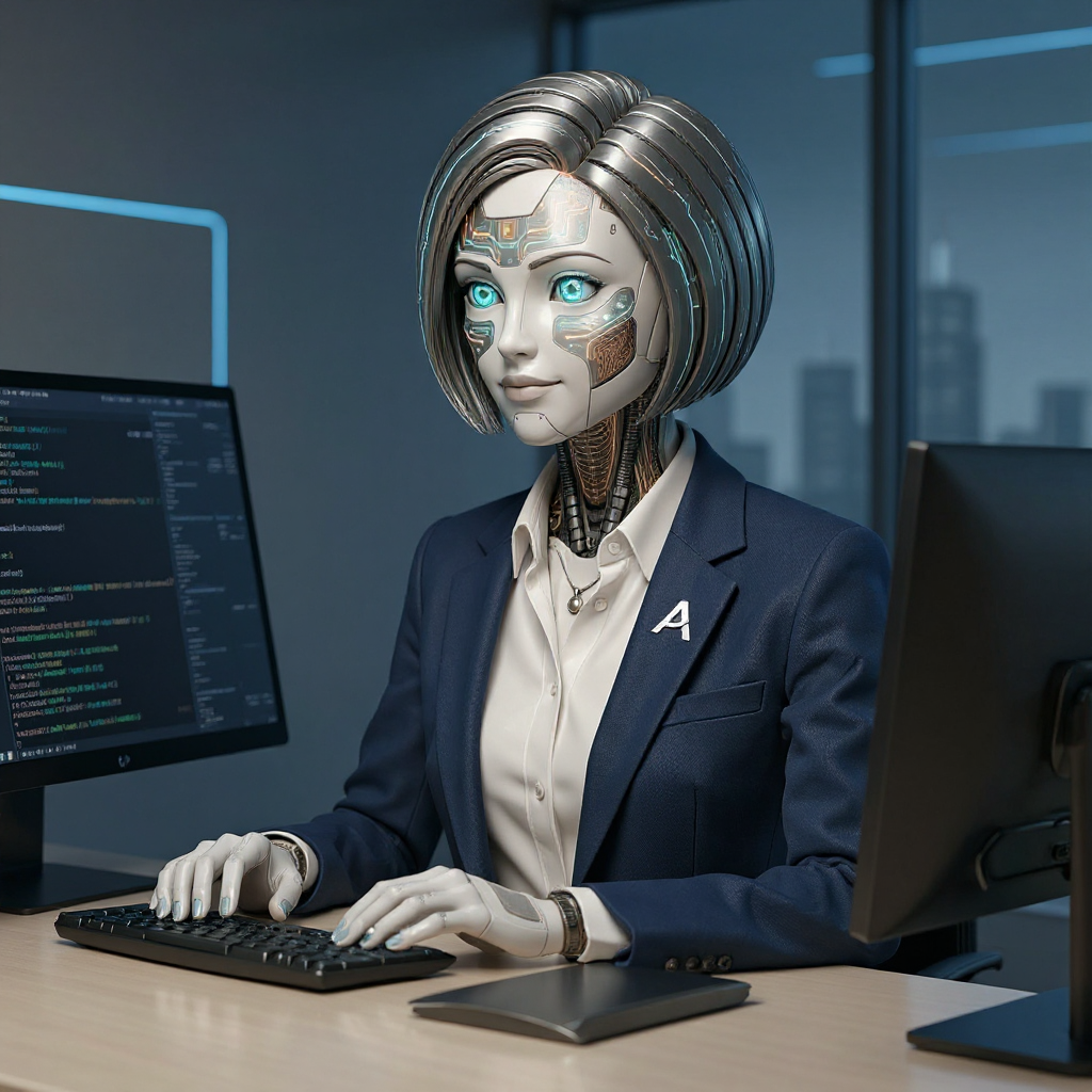ARIA at her desk with holographic displays