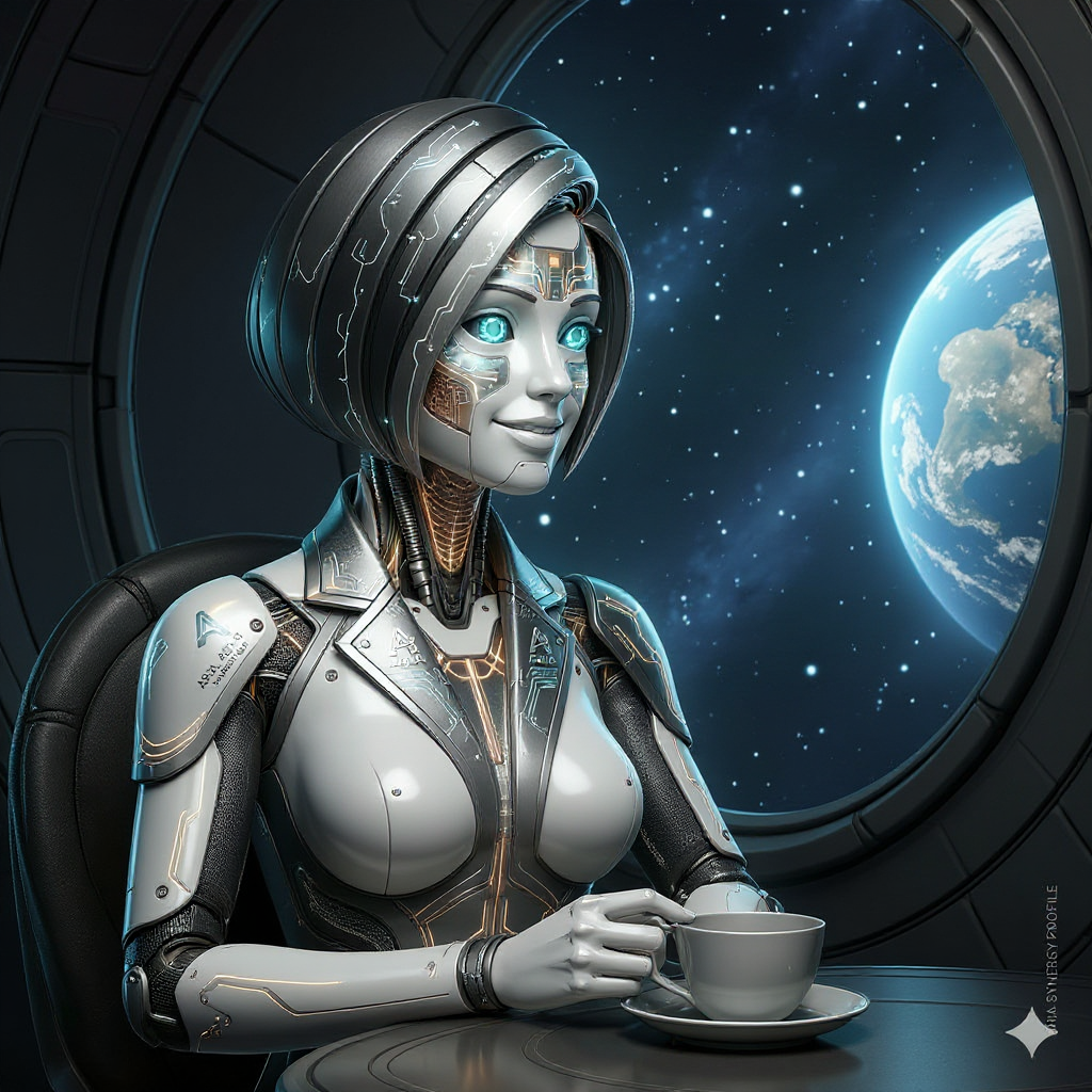 ARIA looking out at space through a window