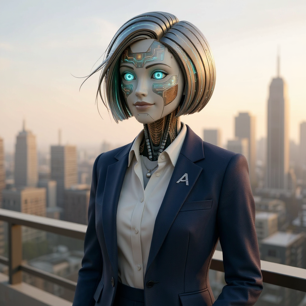 ARIA on a rooftop at sunset overlooking the city